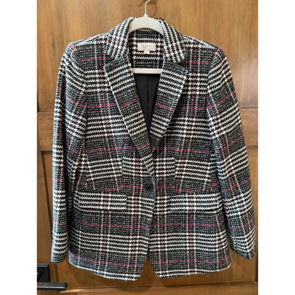 Loft Women's Houndstooth Blazer Women's Size 0 Petite Professional Pink Black